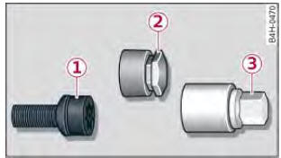 Audi Q3. Abb. 190 Diebstahlhemmende Radschraube mit Abdeckkappe und Adapter