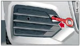 Audi Q3. Abb. 201 Vorderer Stoßfänger rechts: Abschleppöse einschrauben