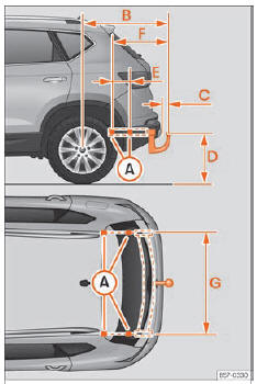 Seat Ateca. Abb. 302 Maße und Befestigungspunkte für den nachträglichen Einbau einer Anhängevorrichtung