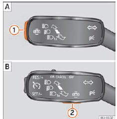 Seat Ateca. Abb. 81 Am Blinker- und Fernlichthebel: Taste für die Fahrerassistenzsysteme (modellabhängig).