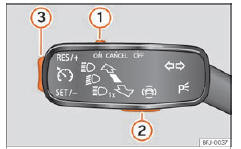 Seat Ateca. Abb. 254 Am Blinkerhebel: Tasten zur Bedienung des Geschwindigkeitsbegrenzers